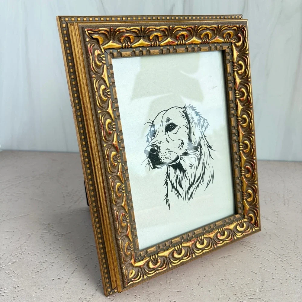Vintage Ornate Gold Picture Frame with Golden Retriever Dog Art 4x6 Portrait